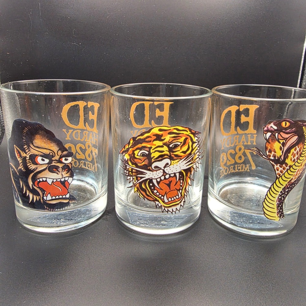 Ed Hardy Whiskey Glasses Set of 3 Clear Gold Tattoo Art Tiger Cobra Gorilla Good